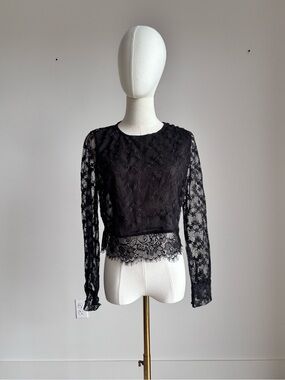 faisca black floral sheer lace long sleeve crop top size large